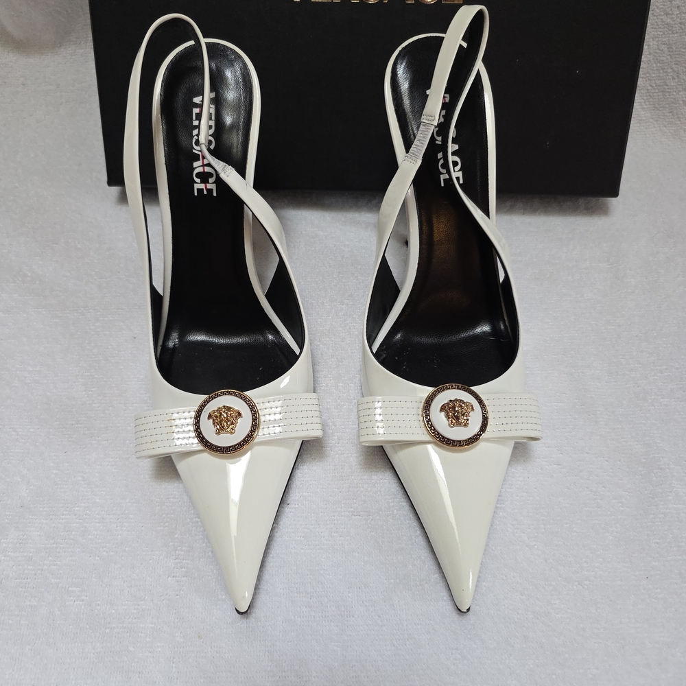 Versace White Pointed-Toe Slingback Heels with Metallic Accent
